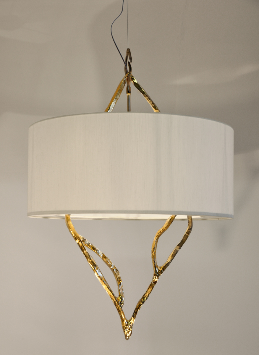 Cheney Suspension – 010 CHENEY Gold plated 24Kt – or – Bronze/Cylinder lampshade in  Ivory shantung    