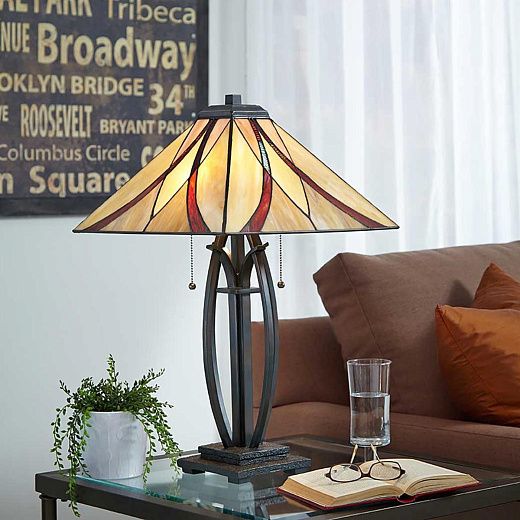 QZ-ASHEVILLE-TL  Valiant Bronze /Cream, Amber & Red// настольный E27 2х60  х  QZ-ASHEVILLE-TL