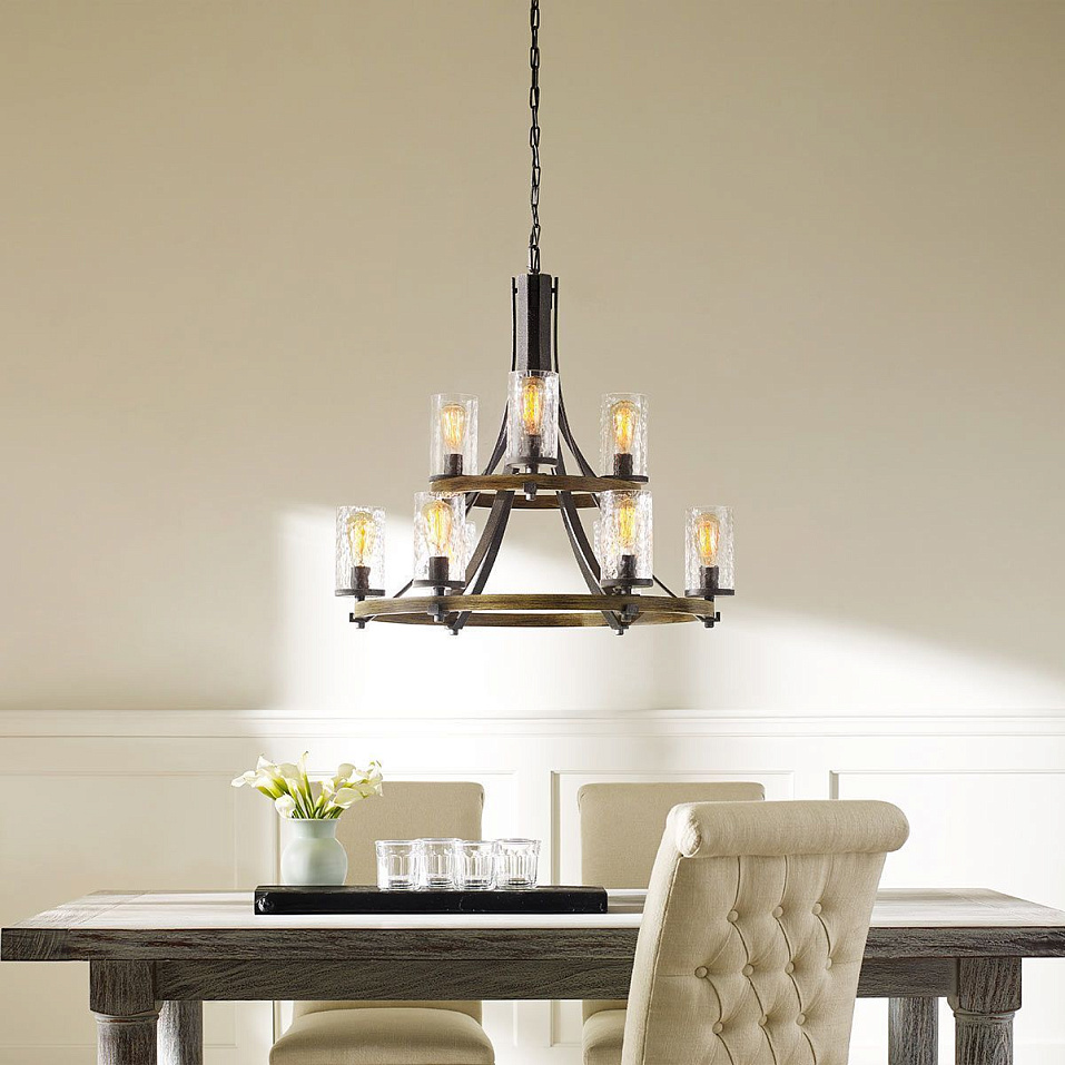 QN-ANGELO9 ANGELO Distressed Weathered Oak & Slate Grey Metal /Wavy Texture Glass // подвесной E27 9   